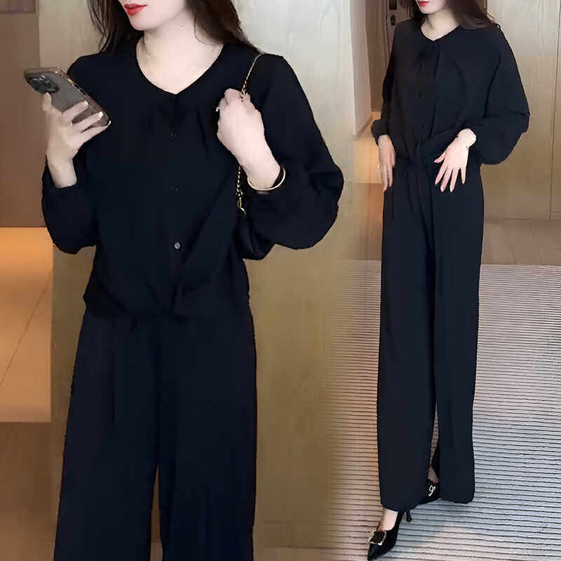 时尚套装女2024秋季新款大码胖mm显瘦遮肉减龄洋气阔腿裤两件套潮