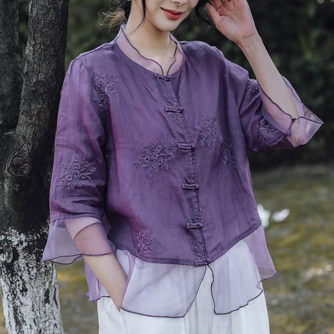 苎麻文艺中式国风盘扣刺绣衬衫民族风喇叭袖拼接宽松茶服