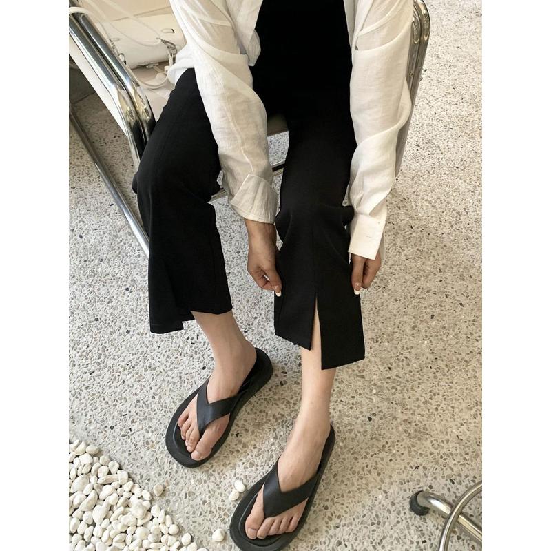 矮小个子夏季开叉微女薄款黑色七分八分西裤垂感