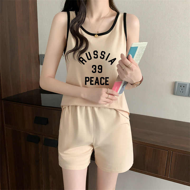 新品夏天无袖背心吊带短裤清凉快时尚两件套装纯棉睡衣可外穿家居