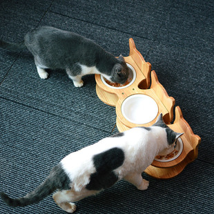 猫碗实木陶瓷碗保护颈椎斜口猫咪饭盆喝水盆碗架宠物餐桌狗碗