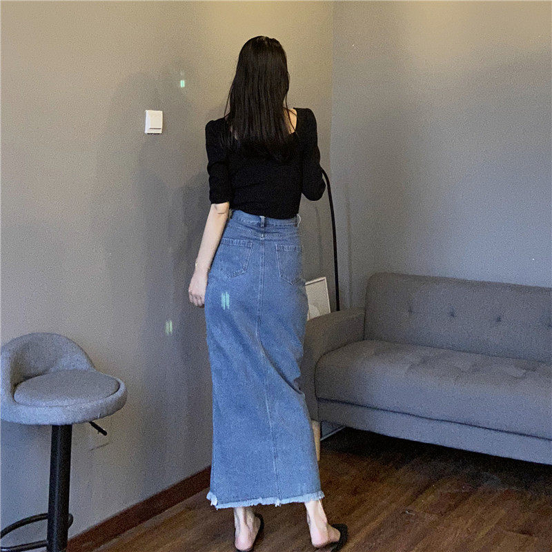 牛仔纽扣一片式 毛边到脚踝一步 开叉单排扣包臀裙,女装/女士精品,半身裙,淘宝优惠券,粉丝福利购,淘宝优惠卷