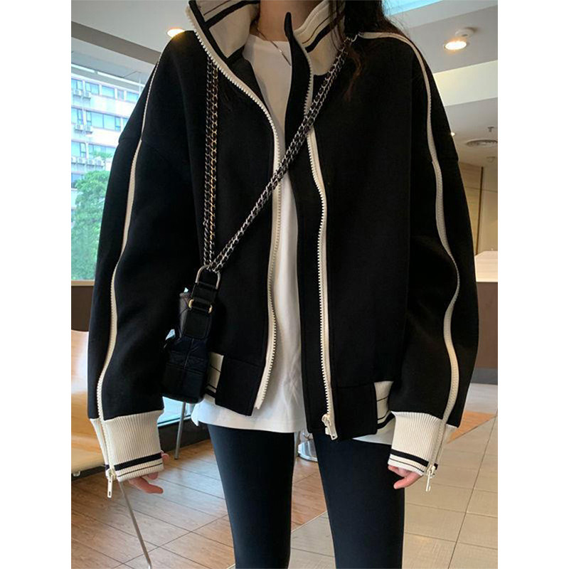 棒球服黑色女士短大码显瘦2025春秋新款开衫拉链