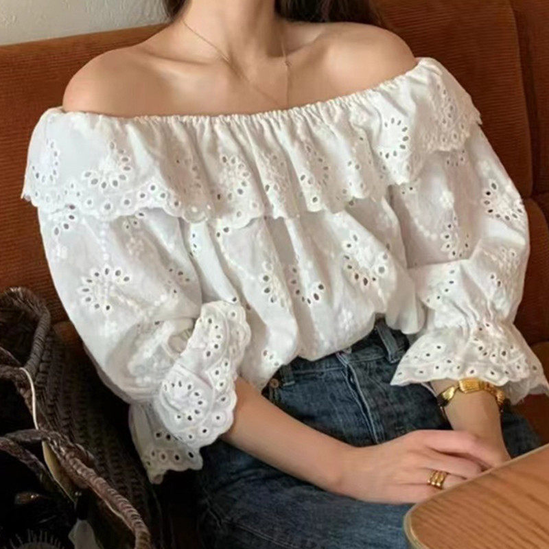 刺绣棉女露肩娃娃衫镂空宽松套头喇叭袖衬衫白色法式,女装/女士精品,衬衫,淘宝优惠券,粉丝福利购,淘宝优惠卷