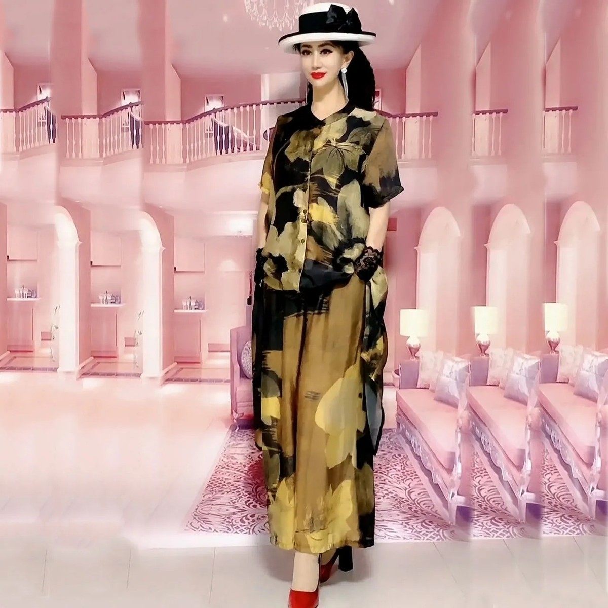 2025初款时尚印花套装女大码遮肚显瘦气质女阔腿裤两件套,女装/女士精品,时尚套装,淘宝优惠券,粉丝福利购,淘宝优惠卷