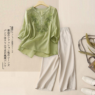 大码夏装新款女士妈妈套装洋气亚麻七分袖衬衫绵绸两件套