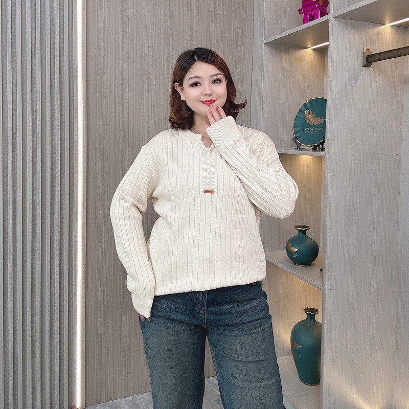 2024新款大码V领纽扣长袖衫胖mm宽松显瘦套头毛衣女,女装/女士精品,大码内搭,淘宝优惠券,粉丝福利购,淘宝优惠卷
