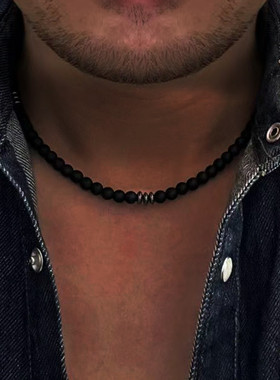 Trendy Simple Black Matte Stone Beads Necklace Men Summer