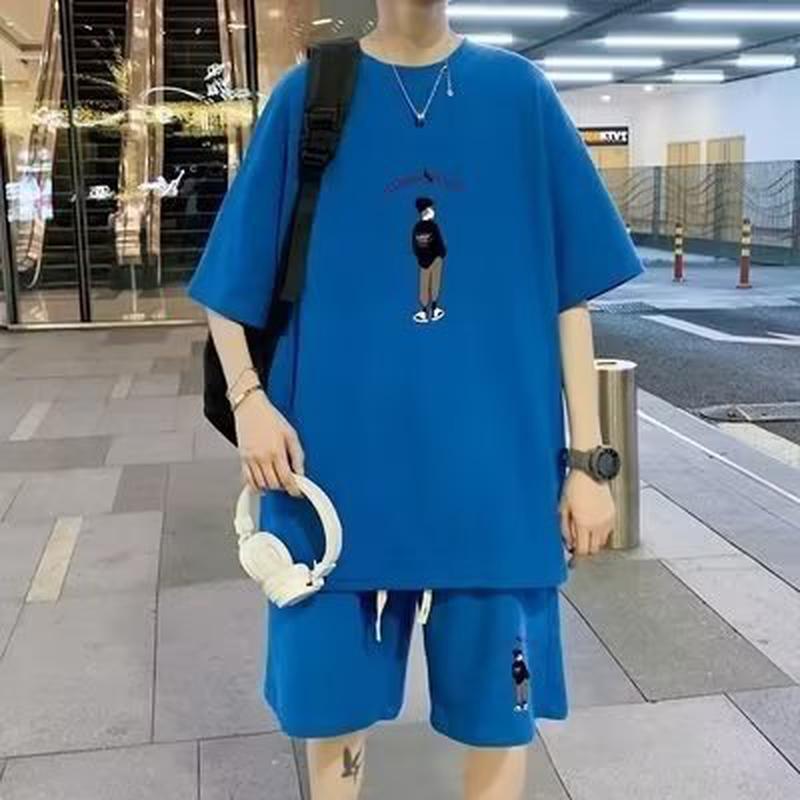 休闲短袖短裤套装男夏季潮牌华夫格五分裤青少年薄款宽松运动中裤
