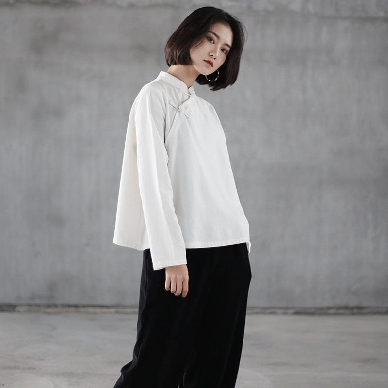 中式盘扣衬衫女斜襟长袖茶服打底白衬衣套头