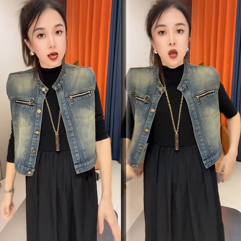 时尚显瘦牛仔马甲两件套女秋宽松大码韩版气质网红高档套装
