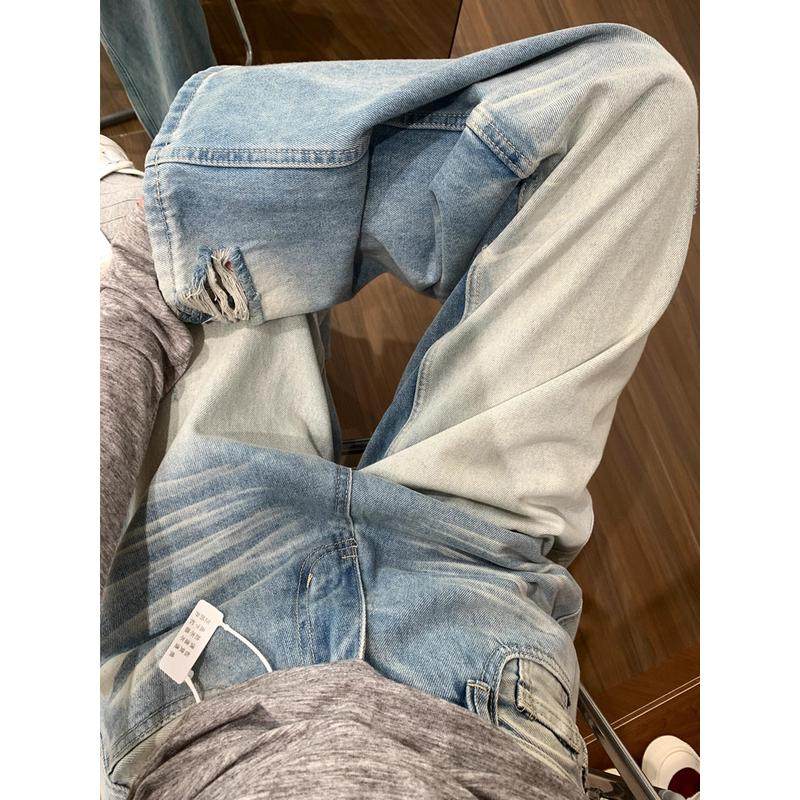 大码美式浅色破洞夏季新款抓痕宽松拖地阔腿裤,女装/女士精品,大码裤装,淘宝优惠券,粉丝福利购,淘宝优惠卷