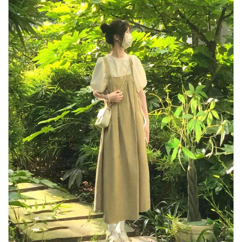 高个子加长版两件套女学院风夏季少女背带裙套装超长到脚踝