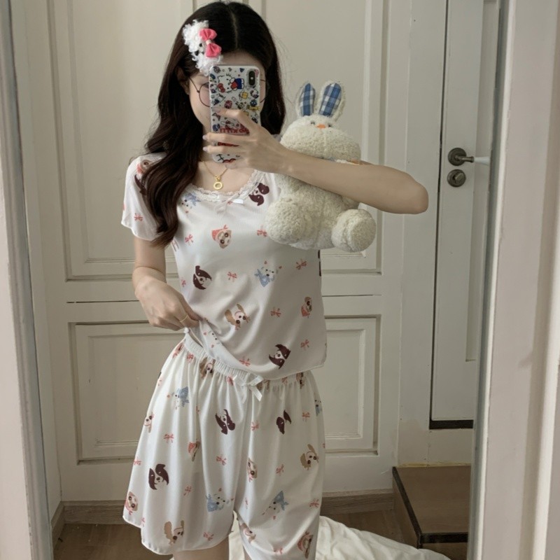 新品冰丝螺纹睡衣女夏季薄款甜美可爱卡通休闲大码短袖三件套装家
