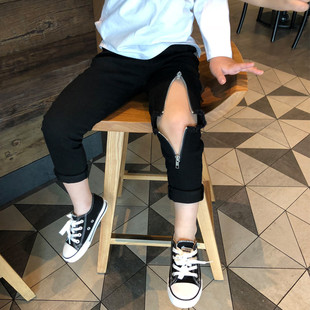 2025春秋款男童潮装破洞小脚裤黑色儿童韩版街舞长