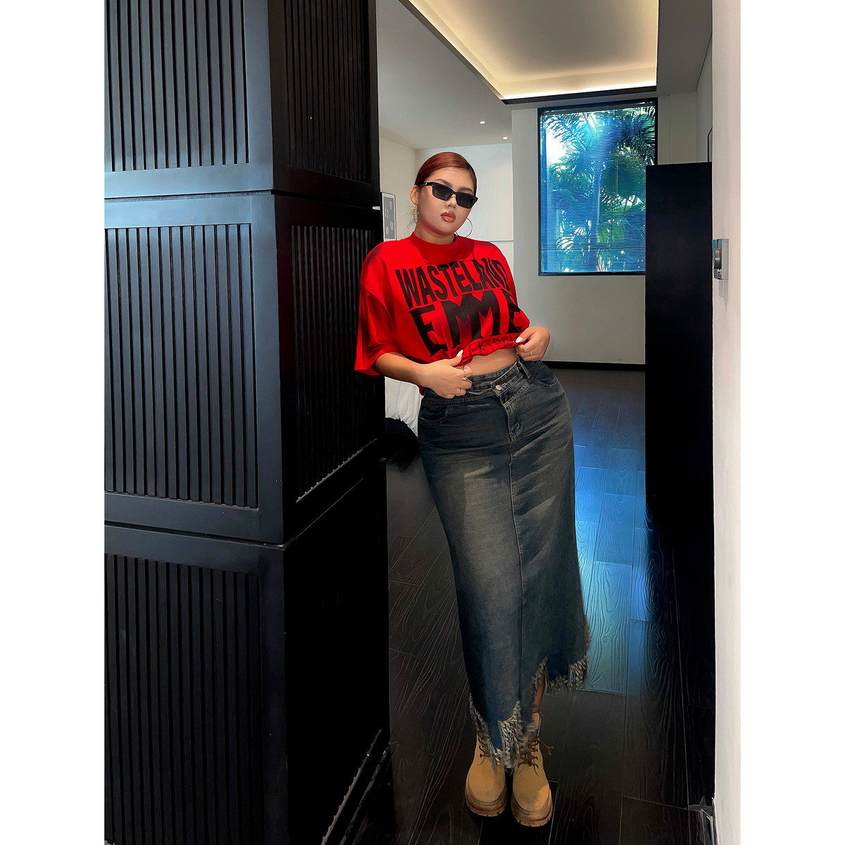 楠哥微胖辣妹流苏设计感牛仔女胖mm包臀大码A字裙
