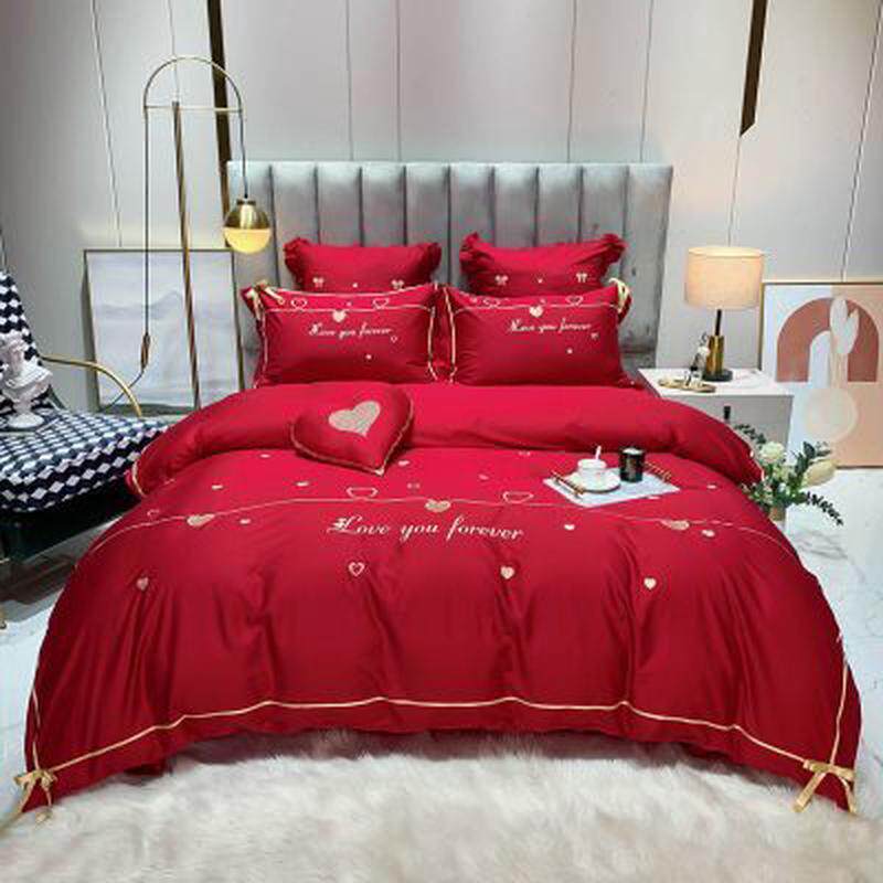 相约婚姻殿堂~大红色结婚爱心刺绣四件套全棉纯棉婚庆床上用品,床上用品,婚庆床品套件,淘宝优惠券,粉丝福利购,淘宝优惠卷