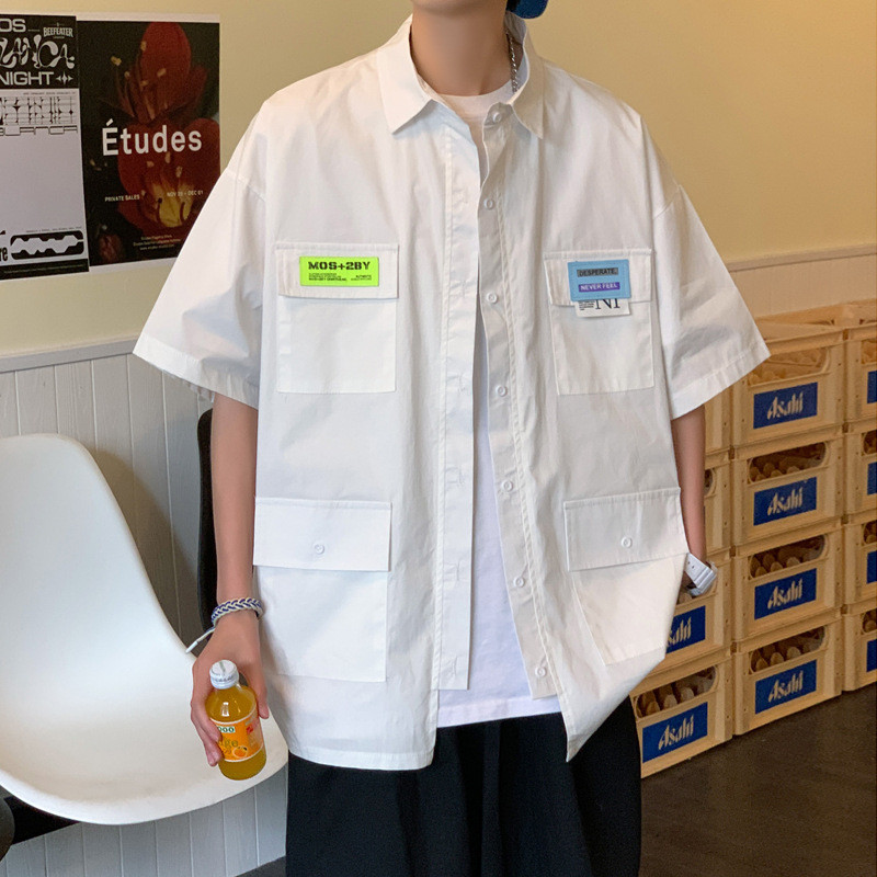 短袖衬衫男夏季小众设计感大码工装衬衣外套ins潮日系港风高级感