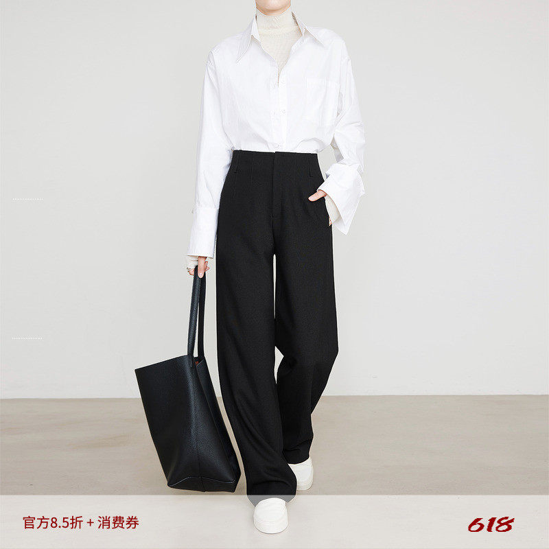 夏莫卡黑色裤女百搭通勤小黑裤侧缝双分割显瘦垂感直筒裤7769