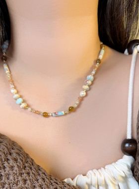 复古寿山天然石串珠锁骨链民族风中式彩色项链巴洛克珍珠颈链配饰