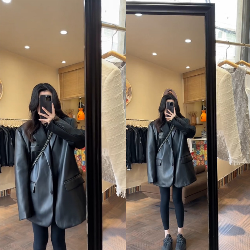 休闲宽松皮衣中长款衣女爆款黑色机车服