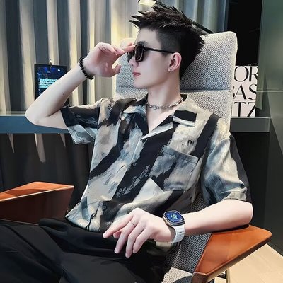 设计感撞色衬衫男夏季潮牌痞帅短袖衬衣2024新款男士休闲薄款寸衫