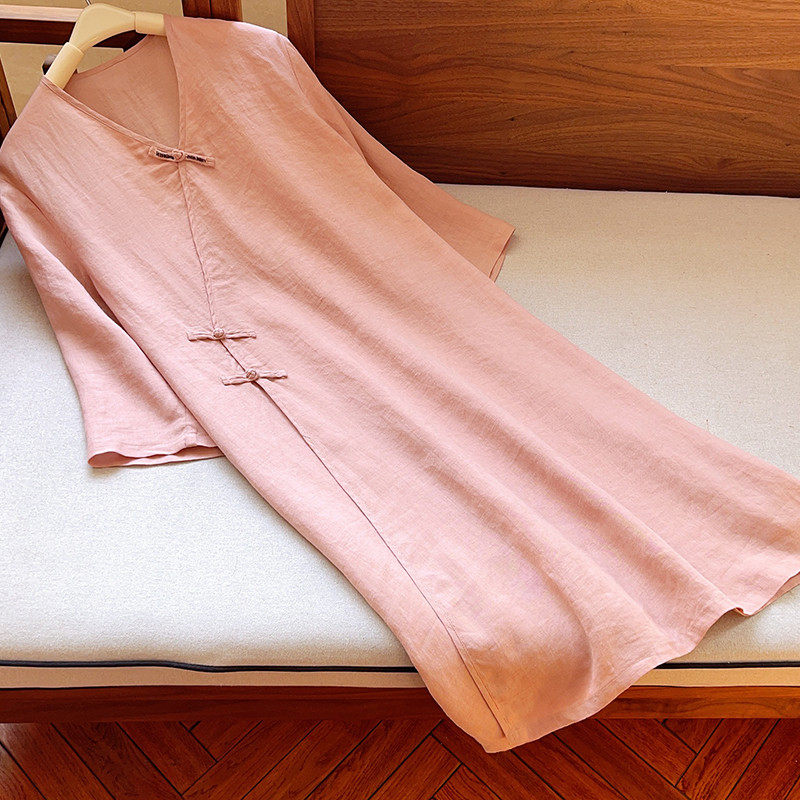 【素心】夏季文艺气质V领砂洗苎麻下摆开叉苎麻中长款袍子  51503,女装/女士精品,连衣裙,淘宝优惠券,粉丝福利购,淘宝优惠卷