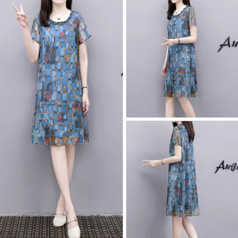 2025夏季新款宽松A字裙中长款显瘦雪纺网纱蓝色印花女,女装/女士精品,连衣裙,淘宝优惠券,粉丝福利购,淘宝优惠卷