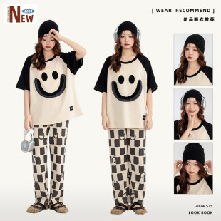 2025新款 纯棉短袖 新品 睡衣女夏季 春 长裤 ins笑脸可外穿家居服套装