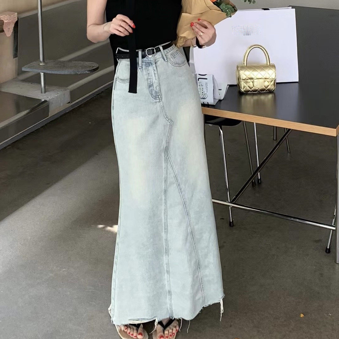 美式毛边鱼尾牛仔女2024夏季显瘦后开叉中,女装/女士精品,半身裙,淘宝优惠券,粉丝福利购,淘宝优惠卷