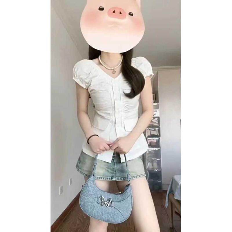 夏季小个子可盐可甜白色泡泡袖衬衫牛仔减龄显瘦两件套装