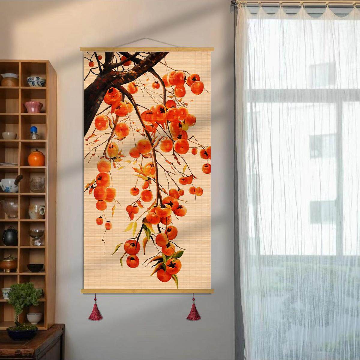 柿柿如意玄关竹编挂画客厅书房卧室竹帘片卷轴挂画走廊茶室竹画