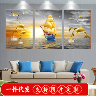 5d钻石画满钻客厅金色海豚三联画一帆风顺点贴钻十字绣钻石绣 欧式
