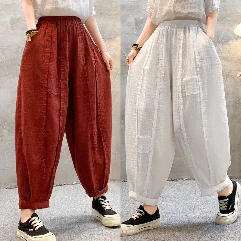 2025春款亚麻女宽松大码显瘦拼接裤纯色阔腿裤
