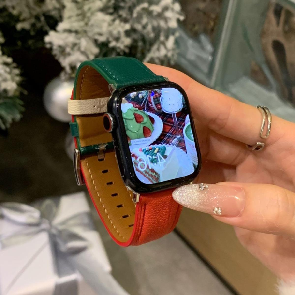 适用于s9苹果手表applewatch8表带iwatch8SE圣诞款新年小羊皮表带