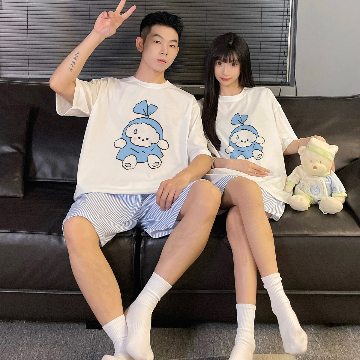 新品情侣睡衣女款夏季薄款可爱短袖套装夏天青少年大码男士棉质家