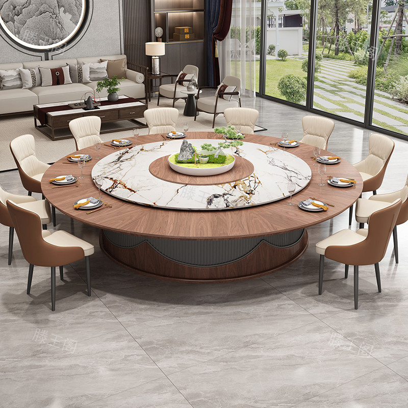 酒店餐桌大圆桌新中式15人20人电动桌椅饭店餐厅包厢商用岩板圆桌