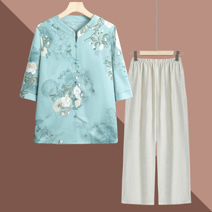 中老年人夏装衬衫女奶奶春夏款雪纺中袖妈妈套装新款开衫薄款