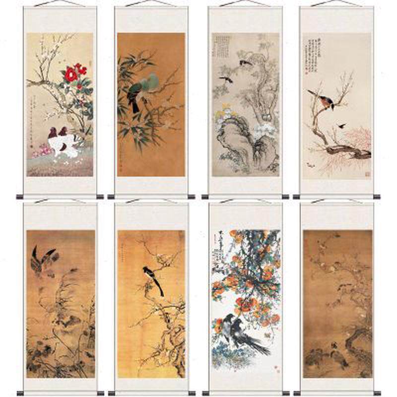古代明清仿古花鸟卷轴挂画酒店装饰字画丝绸礼品名壁画精致国画