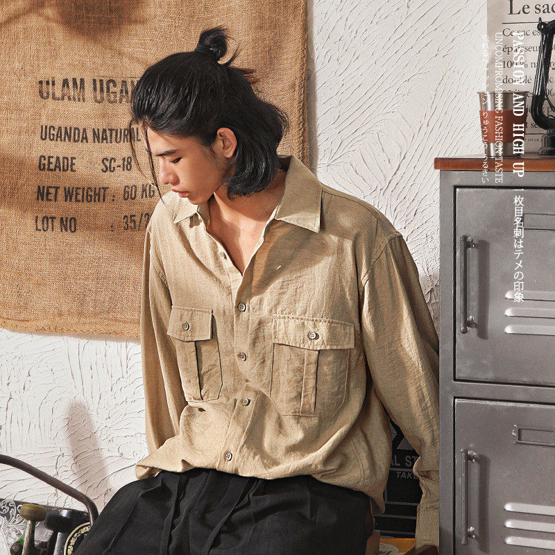 日系工装长袖衬衫男春秋季多口袋亚麻衬衣宽松休闲卡其色,男装,衬衫,淘宝优惠券,粉丝福利购,淘宝优惠卷