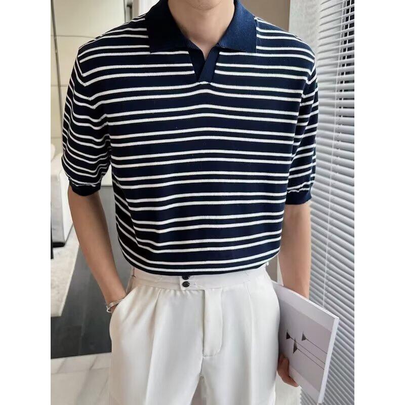 轻熟风韩版男士衬衫休闲条纹套头Polo衫潮流ins夏季短袖针织衫T恤