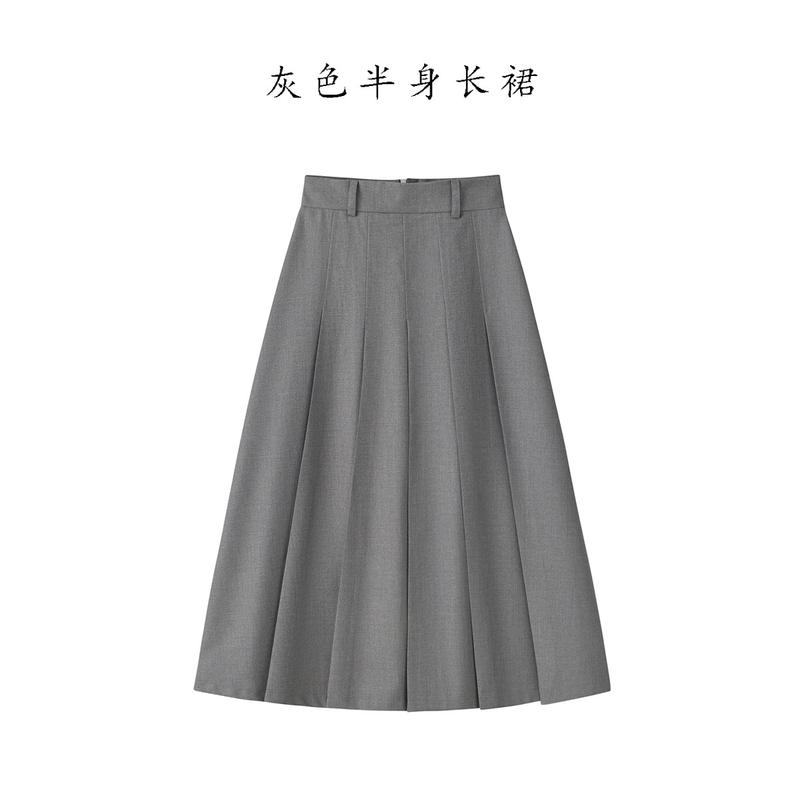 灰色女中长款小个子2023春秋百褶裙韩版显瘦a字黑