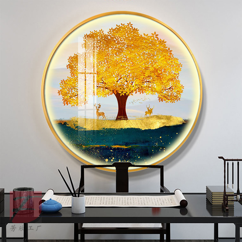 现代玄关装饰画圆形寓意好led灯发光壁画走廊过道发财树招财挂画图片