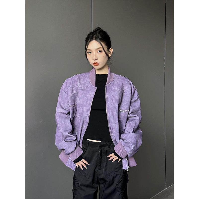 2024新款秋季紫色棒球服女宽松美式高街机车pu皮飞行
