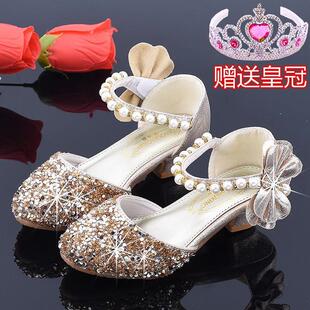 2023秋季演出拉丁舞新款蹈孩女包头跳舞鞋女水晶儿童银色童女高跟