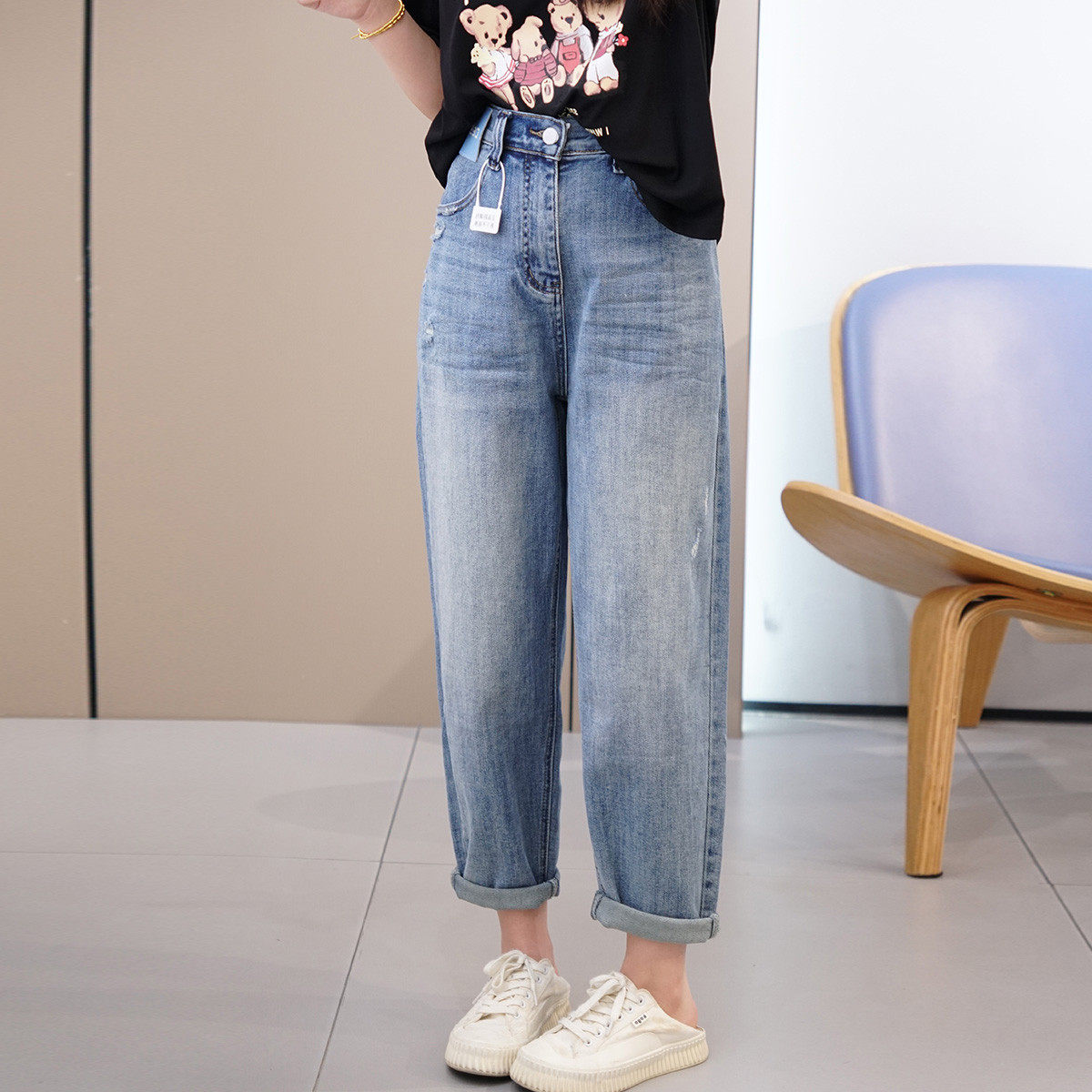 200斤胖mm 蓝字母皮标裤2024大码梨形宽松百搭直筒裤,女装/女士精品,大码裤装,淘宝优惠券,粉丝福利购,淘宝优惠卷