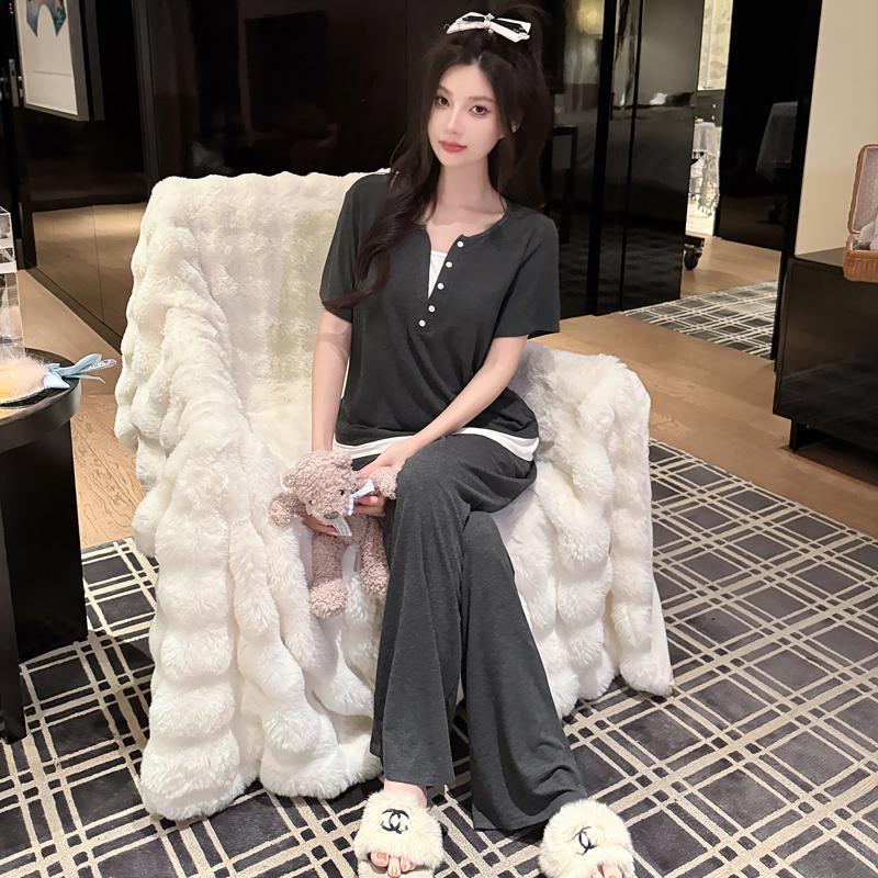 新品莫代尔睡衣女春天夏款纯欲风高级感假两件带胸垫套装家居服春