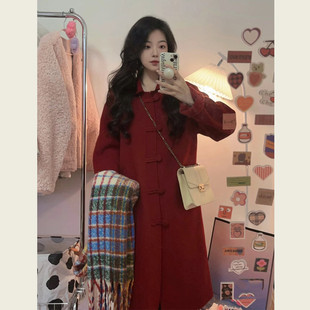 秋冬季韩系高级感红色宽松小个子呢子大衣毛呢女中长款