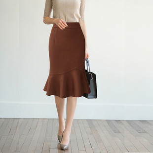 韩芙嘉2024新款春秋中裙不规则裙荷叶边呢料包臀裙女裙