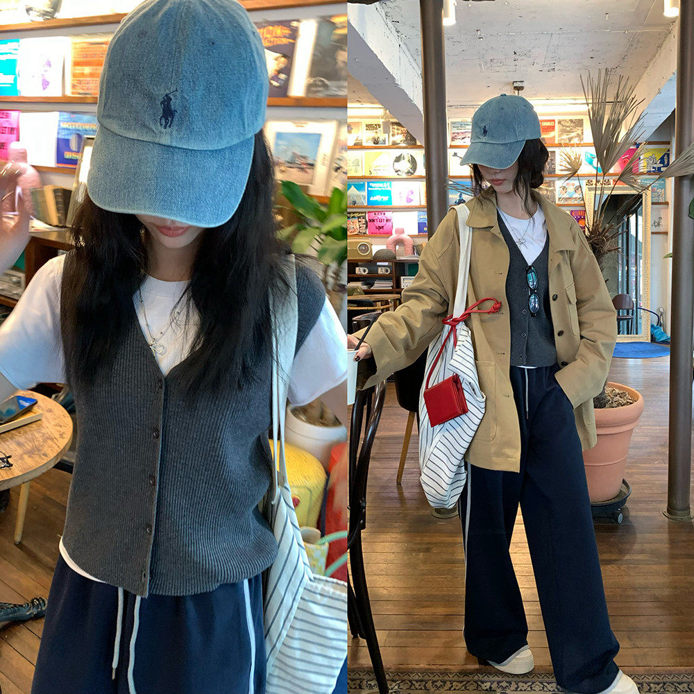 荒荒家 开扣V领马甲2024秋季新款宽松深灰色无袖马夹女